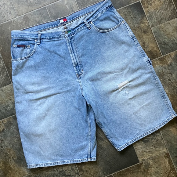 Vintage 90s Tommy Hilfiger logo carpenter Jean shorts Jorts Stitched embroidered - Picture 7 of 16